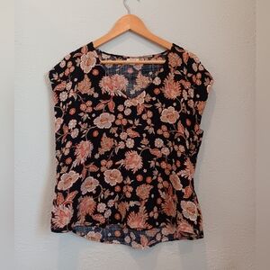 A.N.A. Floral Black and Orange Women's Cotton Rayon Short Sleeve  Top